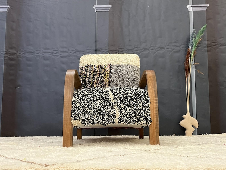Boho-Chic Multicolor Textured Armchair with Wooden Frame