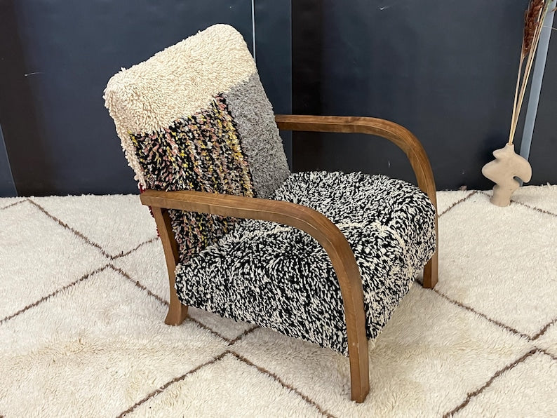 Boho-Chic Multicolor Textured Armchair with Wooden Frame